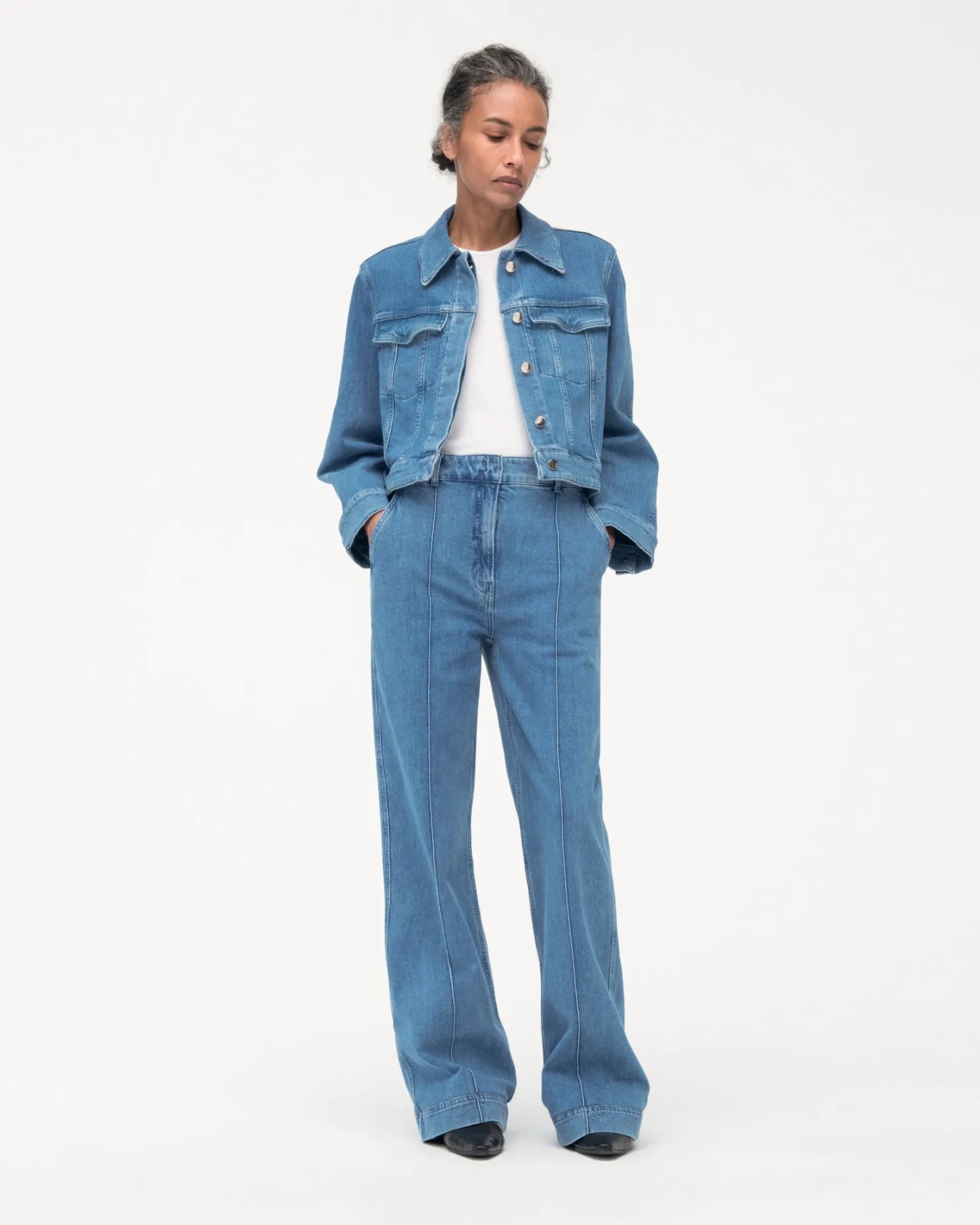 Cropped Denim Jacket | Light Blue Wash sold by Another Tomorrow product image thumbnail 3