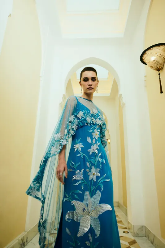 Aqua Lily Garden Embroidered Dress made by La Fuori