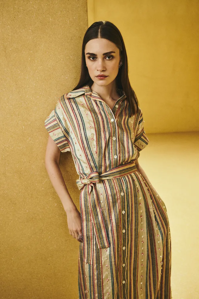 Golden Stripe Embroidered Shirt Dress sold by La Fuori product image thumbnail 4