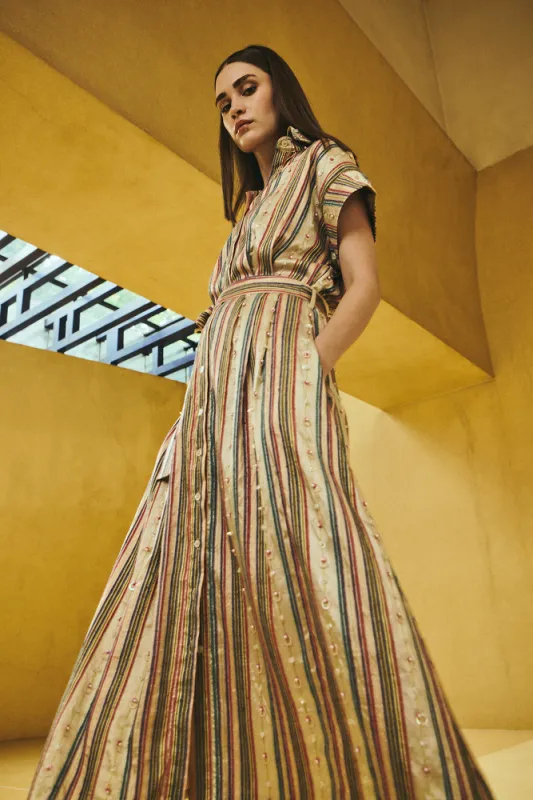 Golden Stripe Embroidered Shirt Dress made by La Fuori