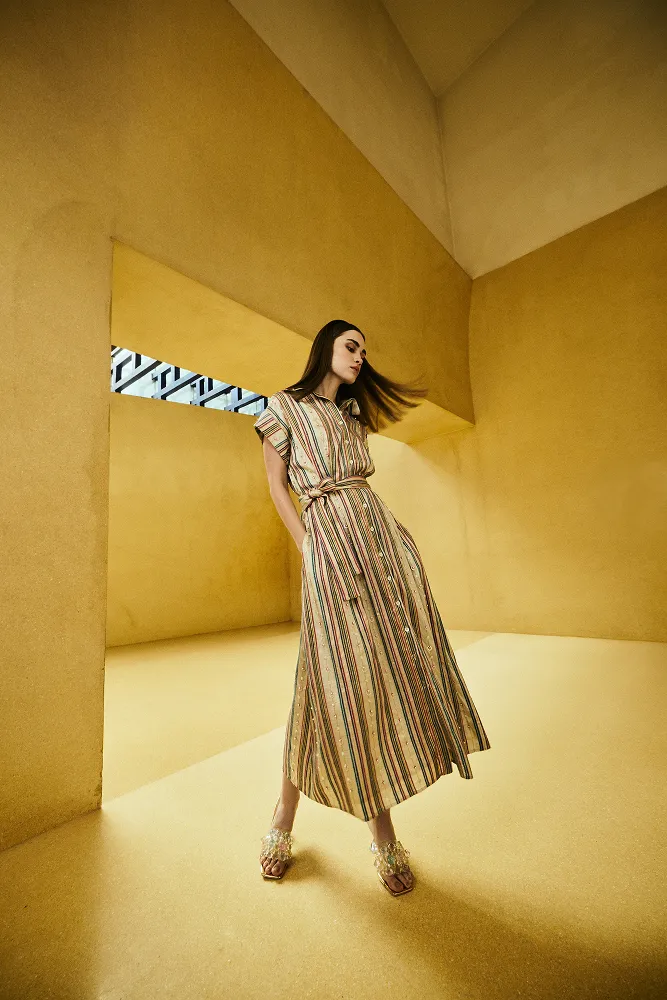 Golden Stripe Embroidered Shirt Dress sold by La Fuori product image thumbnail 2