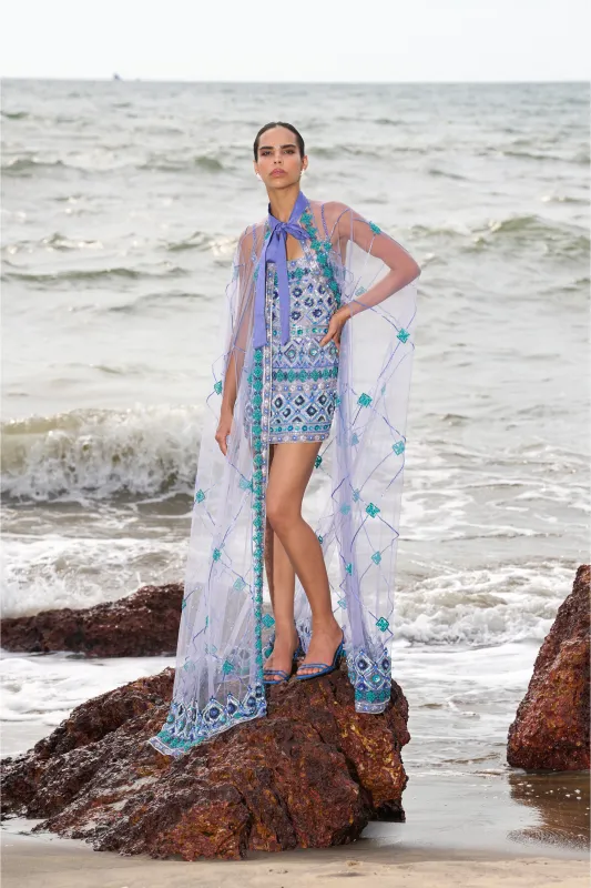 Marina Blue Embroidered Cape made by La Fuori