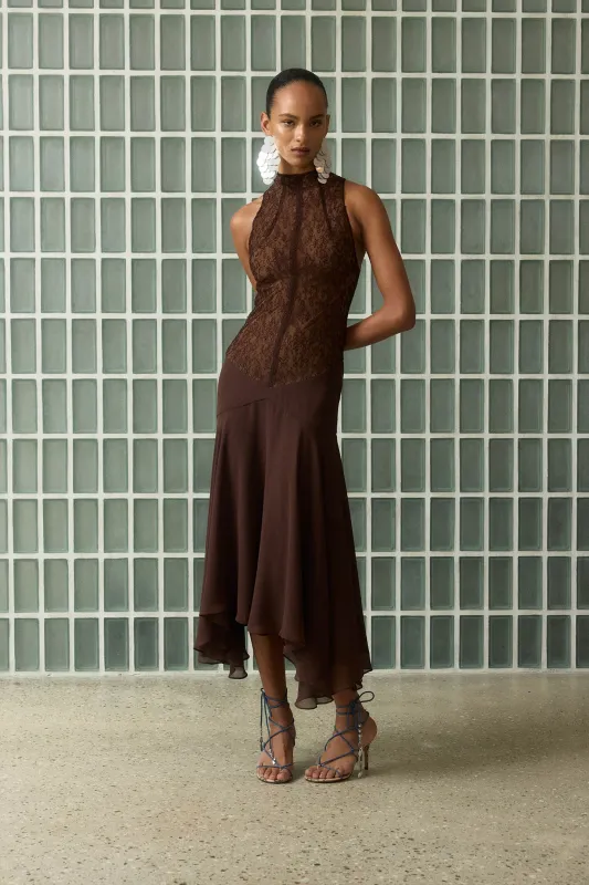 CHANDRA MIDI DRESS IN BROWN LACE CHIFFON made by De La Vali