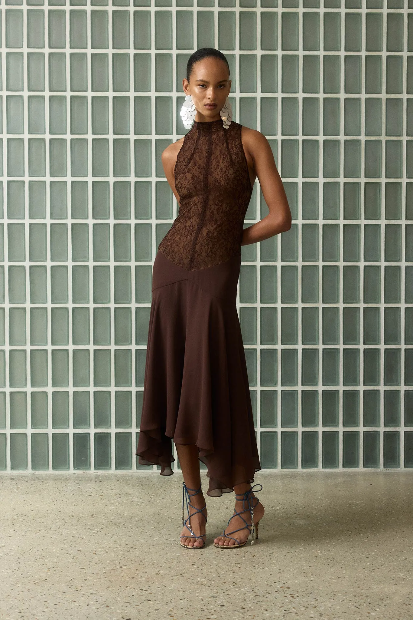 CHANDRA MIDI DRESS IN BROWN LACE CHIFFON sold by De La Vali