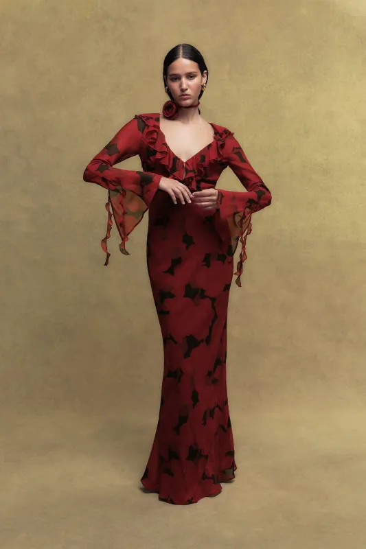 BISCOTTI SILK CHIFFON LONG DRESS IN SCARLET MAGNOLIA PRINT made by De La Vali