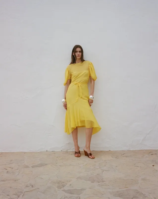 ANITA MIDI DRESS SILK CHIFFON SUN YELLOW made by De La Vali