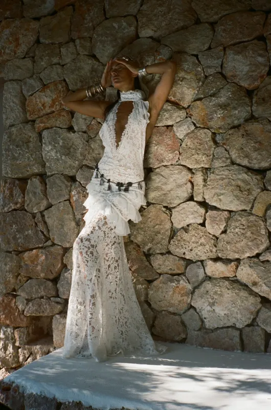 BONITA MAXI DRESS IN WHITE COTTON LACE made by De La Vali