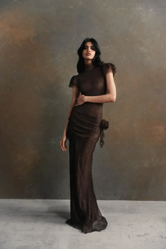 SILENTIUM MAXI DRESS IN CHOCOLATE BROWN LACE made by De La Vali