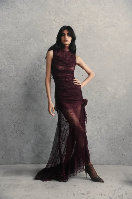 AUSTERE MAXI DRESS IN MAROON LACE made by De La Vali