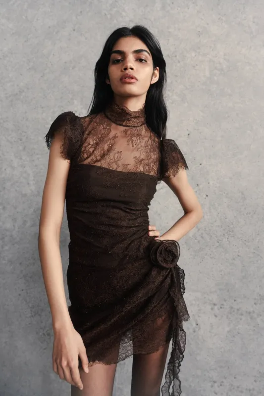 SILENTIUM MINI DRESS IN CHOCOLATE BROWN LACE made by De La Vali