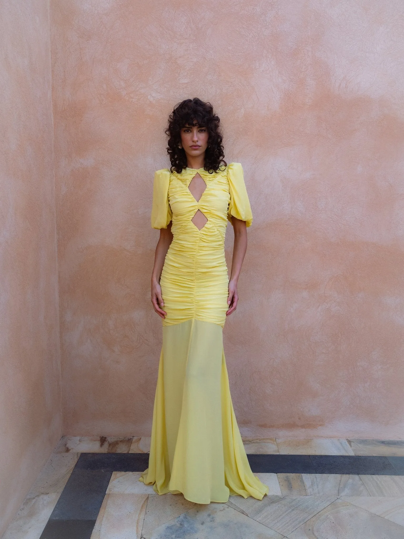 OLYMPIA MAXI DRESS IN YELLOW CREPE sold by De La Vali