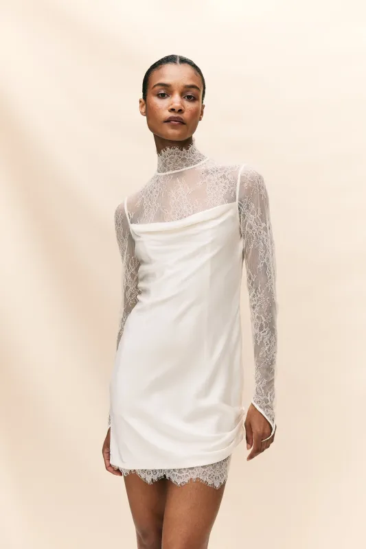CROISSANT MINI DRESS IN IVORY SILK SATIN AND LACE sold by De La Vali