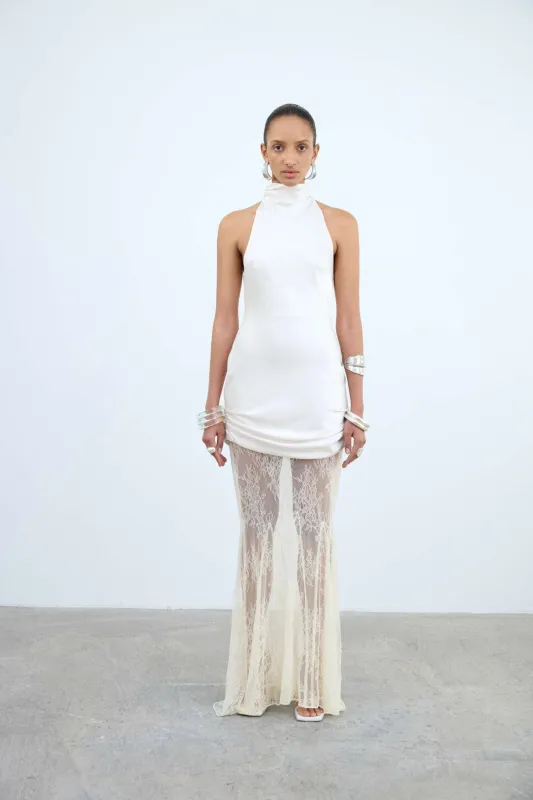 MONTAGUE MAXI DRESS IN IVORY DOUBLE SATIN & LACE made by De La Vali
