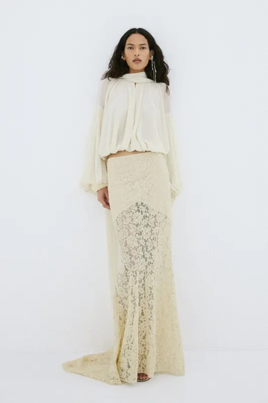 PASION SKIRT IN ANTIQUE YELLOW NYLON LACE made by De La Vali