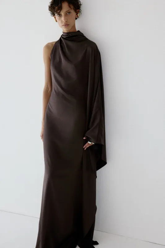 ODALUNA MAXI DRESS IN UMBER BROWN SATIN made by De La Vali