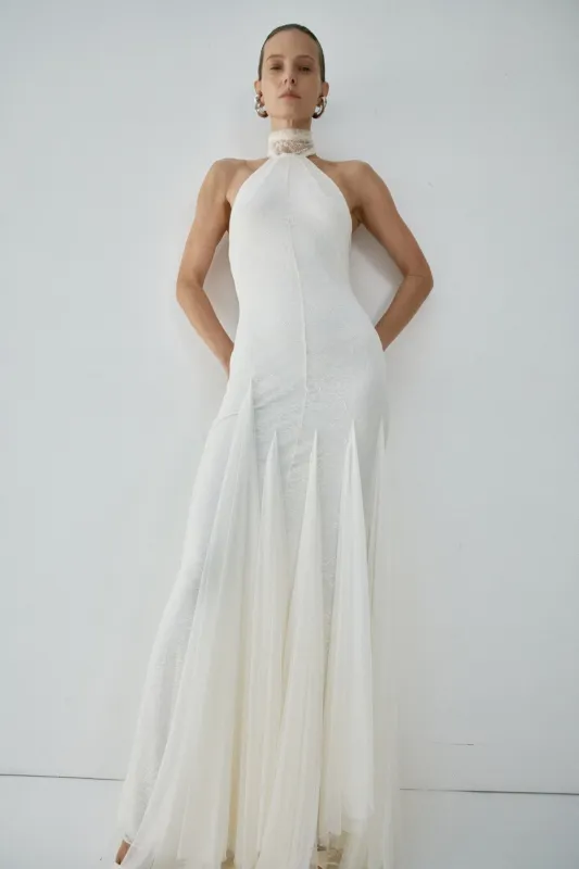 ELOWEN MAXI DRESS IN IVORY FINE LACE made by De La Vali