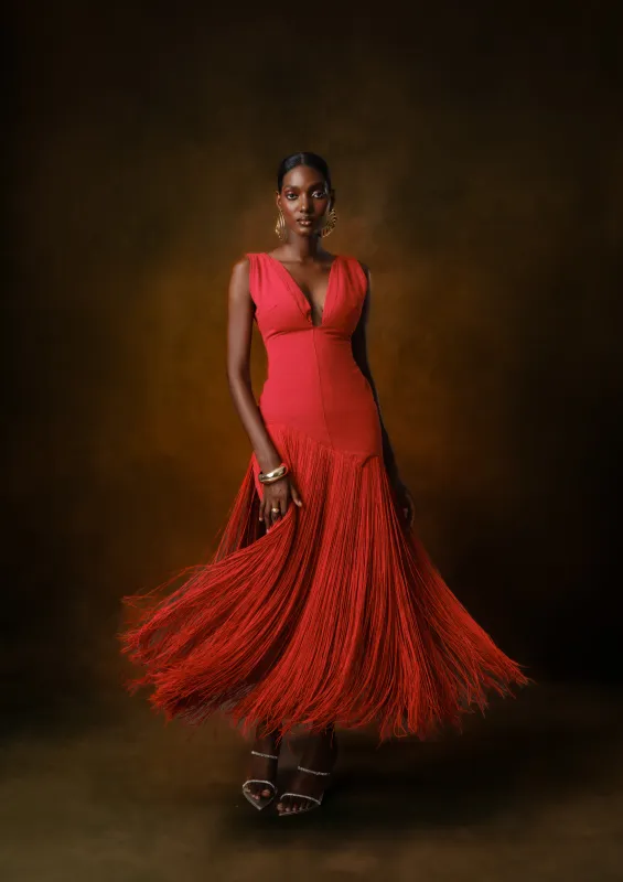 Jade Fringe V-Neck Maxi Dress sold by KILENTAR