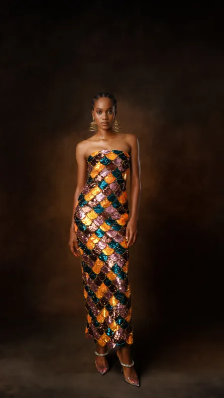 Mami Isura Sequin Strapless Maxi Dress made by KILENTAR