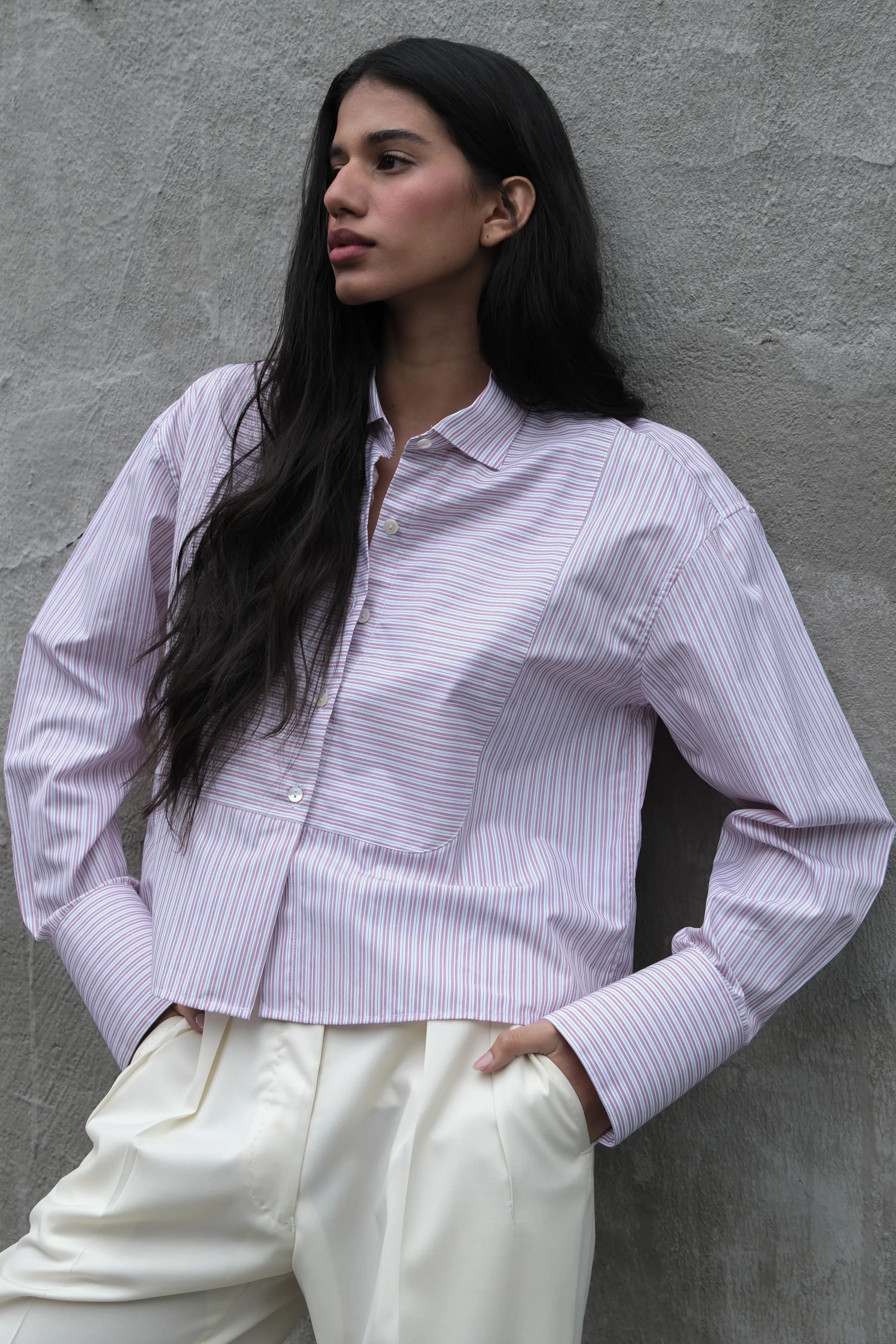 CROPPED INES OVERSIZED TUXEDO SHIRT IN RED STRIPE sold by Chava Studio product image thumbnail 4
