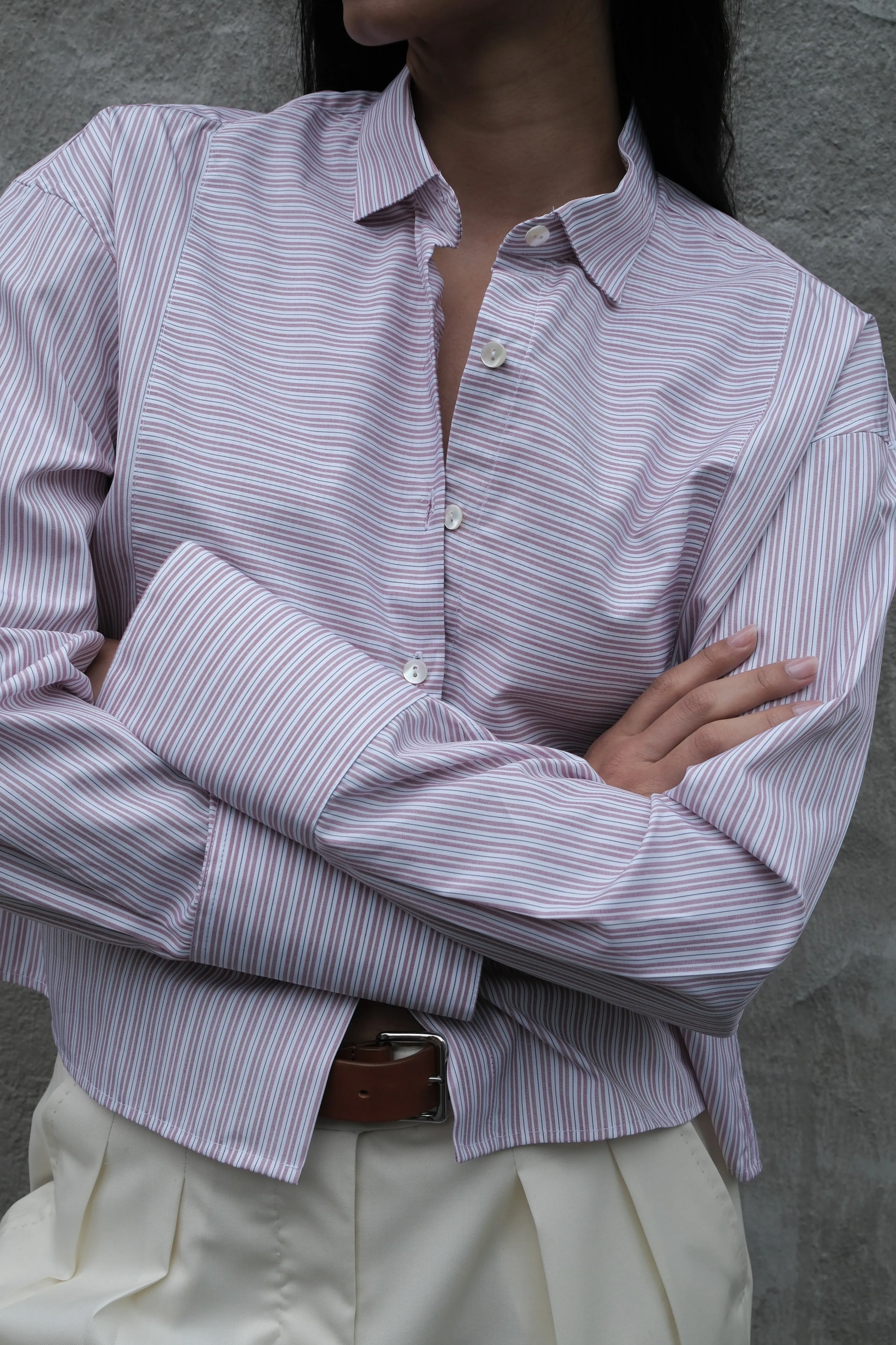CROPPED INES OVERSIZED TUXEDO SHIRT IN RED STRIPE sold by Chava Studio product image thumbnail 2