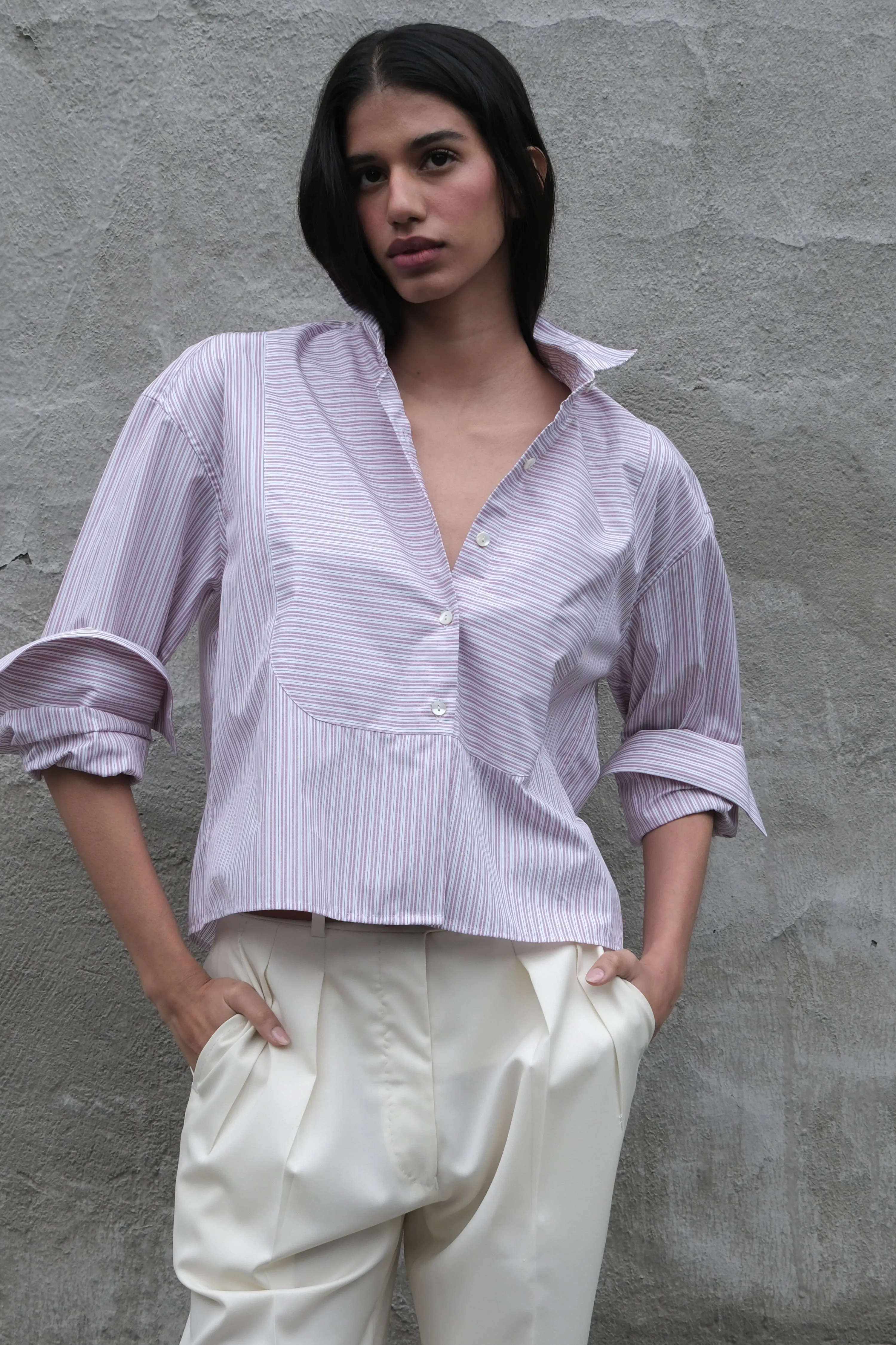 CROPPED INES OVERSIZED TUXEDO SHIRT IN RED STRIPE sold by Chava Studio product image thumbnail 3