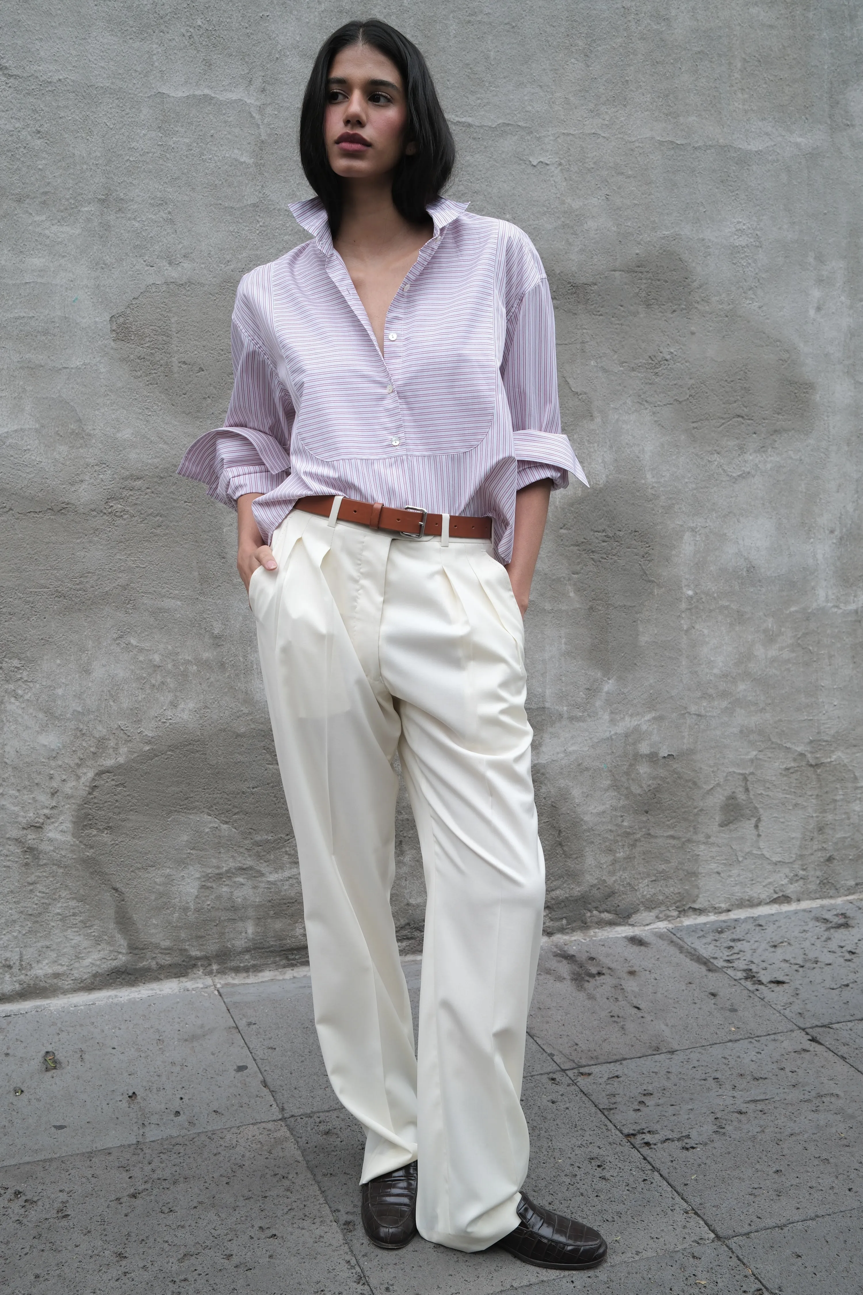 CROPPED INES OVERSIZED TUXEDO SHIRT IN RED STRIPE sold by Chava Studio