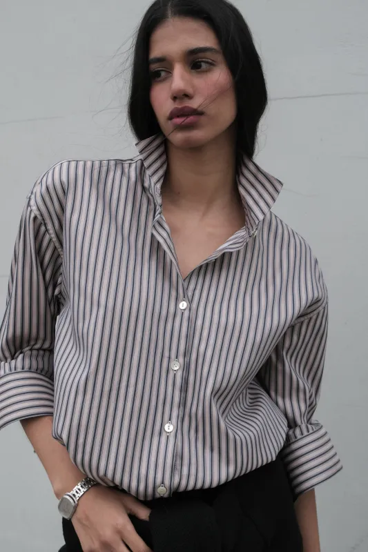 INES OVERSIZED SHIRT IN CHARCOAL & BEIGE STRIPED POPLIN made by Chava Studio