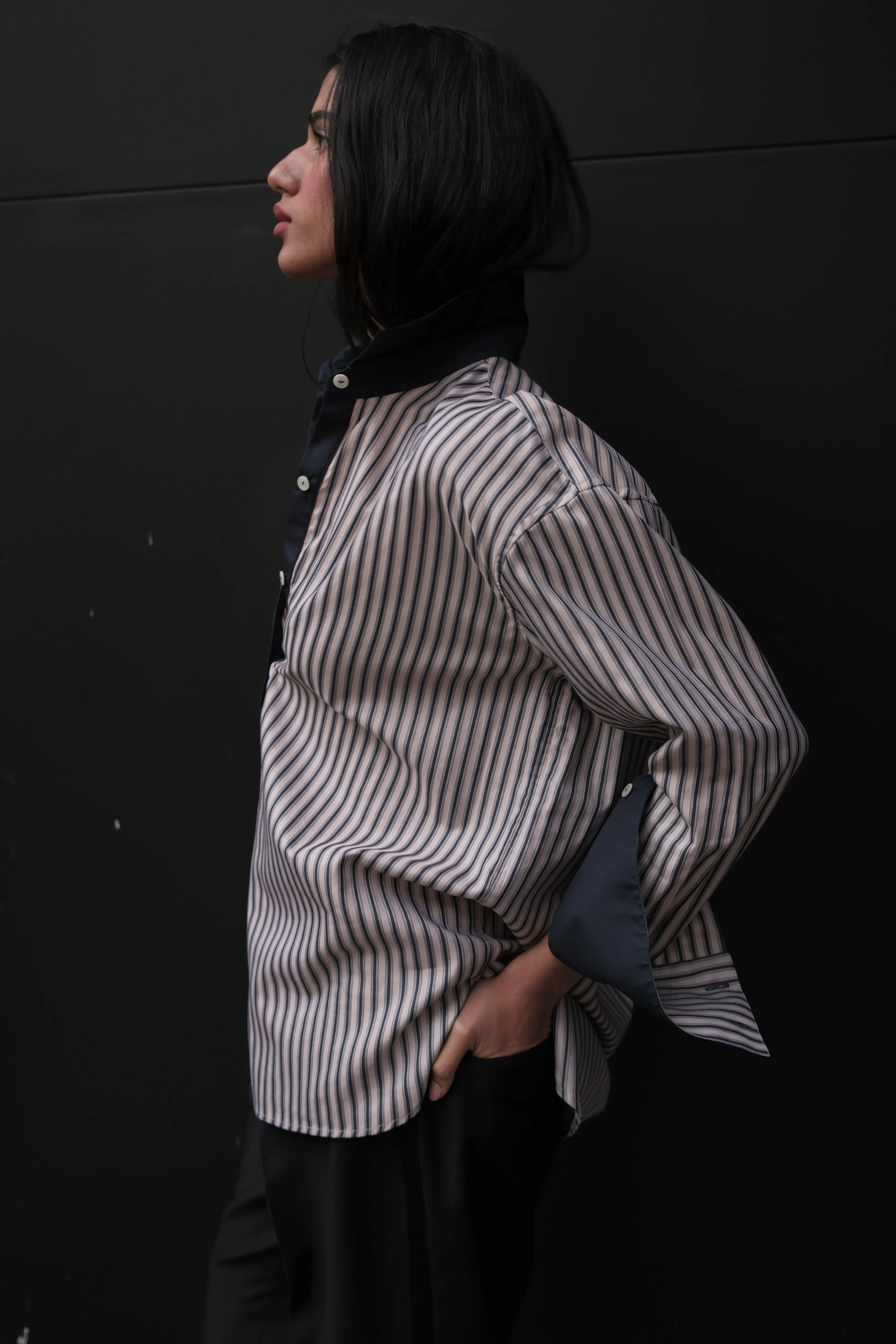 BETI RUGBY OVERSIZED SHIRT IN CHARCOAL & BEIGE STRIPES sold by Chava Studio product image thumbnail 5