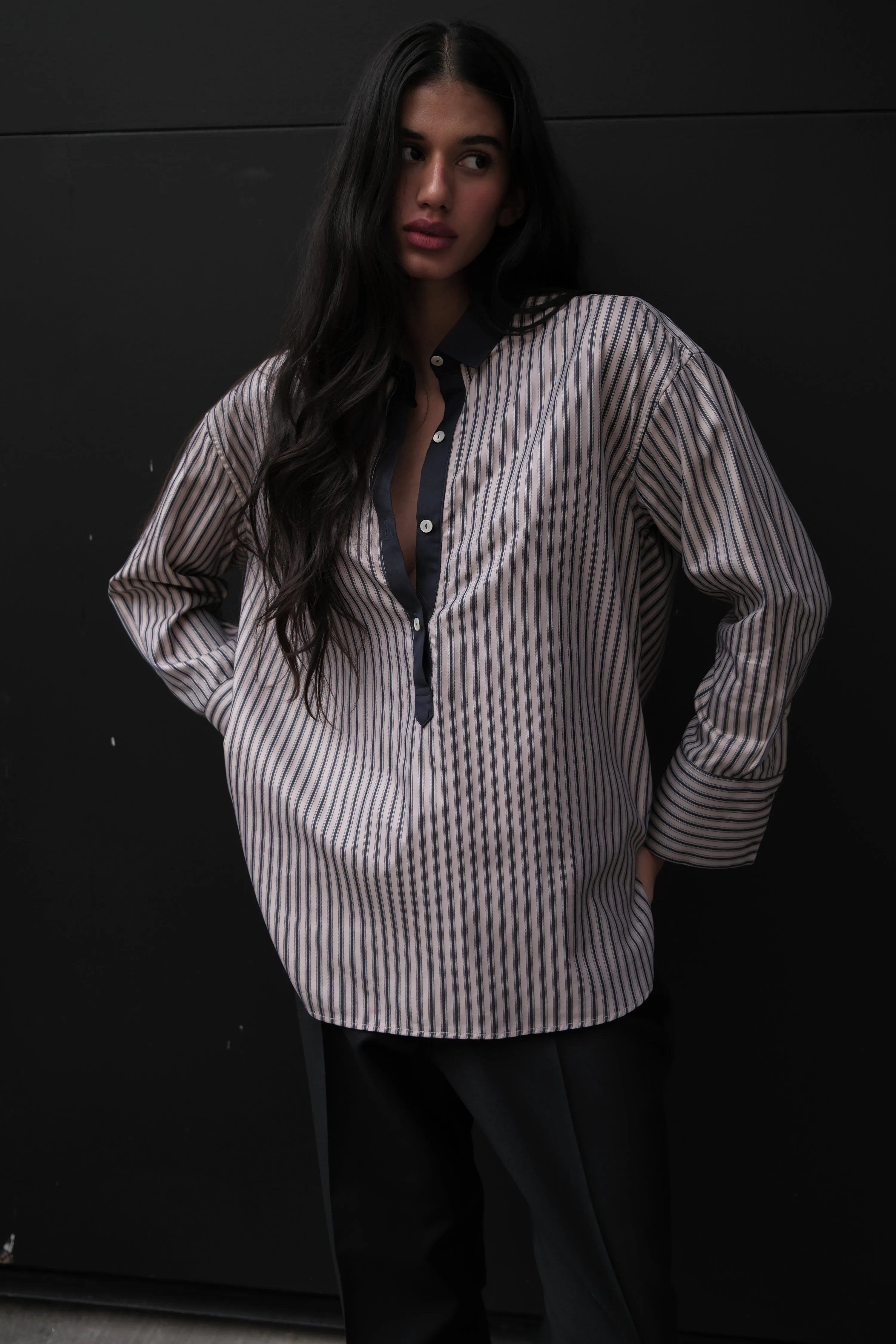 BETI RUGBY OVERSIZED SHIRT IN CHARCOAL & BEIGE STRIPES sold by Chava Studio product image thumbnail 4