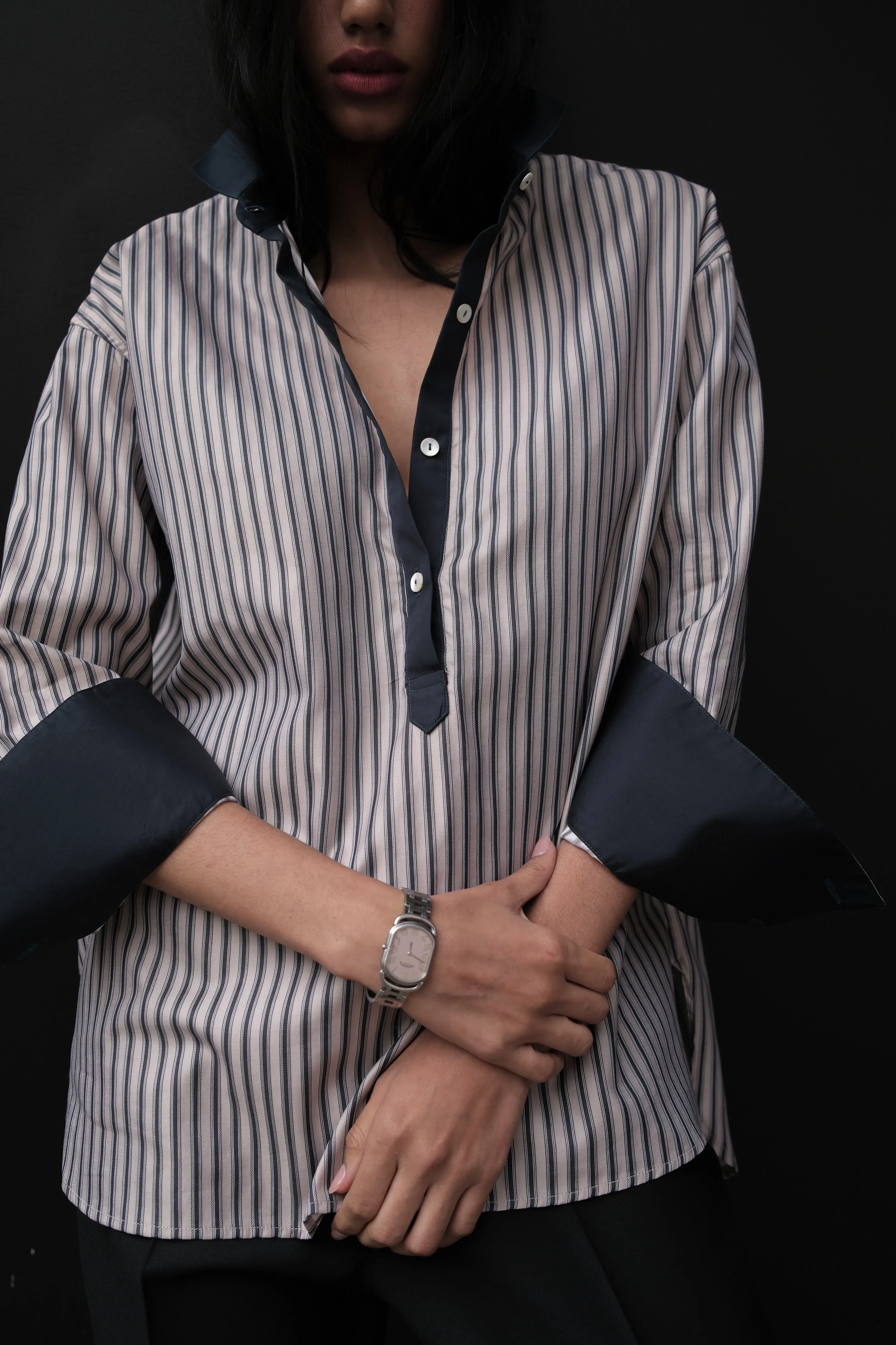 BETI RUGBY OVERSIZED SHIRT IN CHARCOAL & BEIGE STRIPES sold by Chava Studio product image thumbnail 3