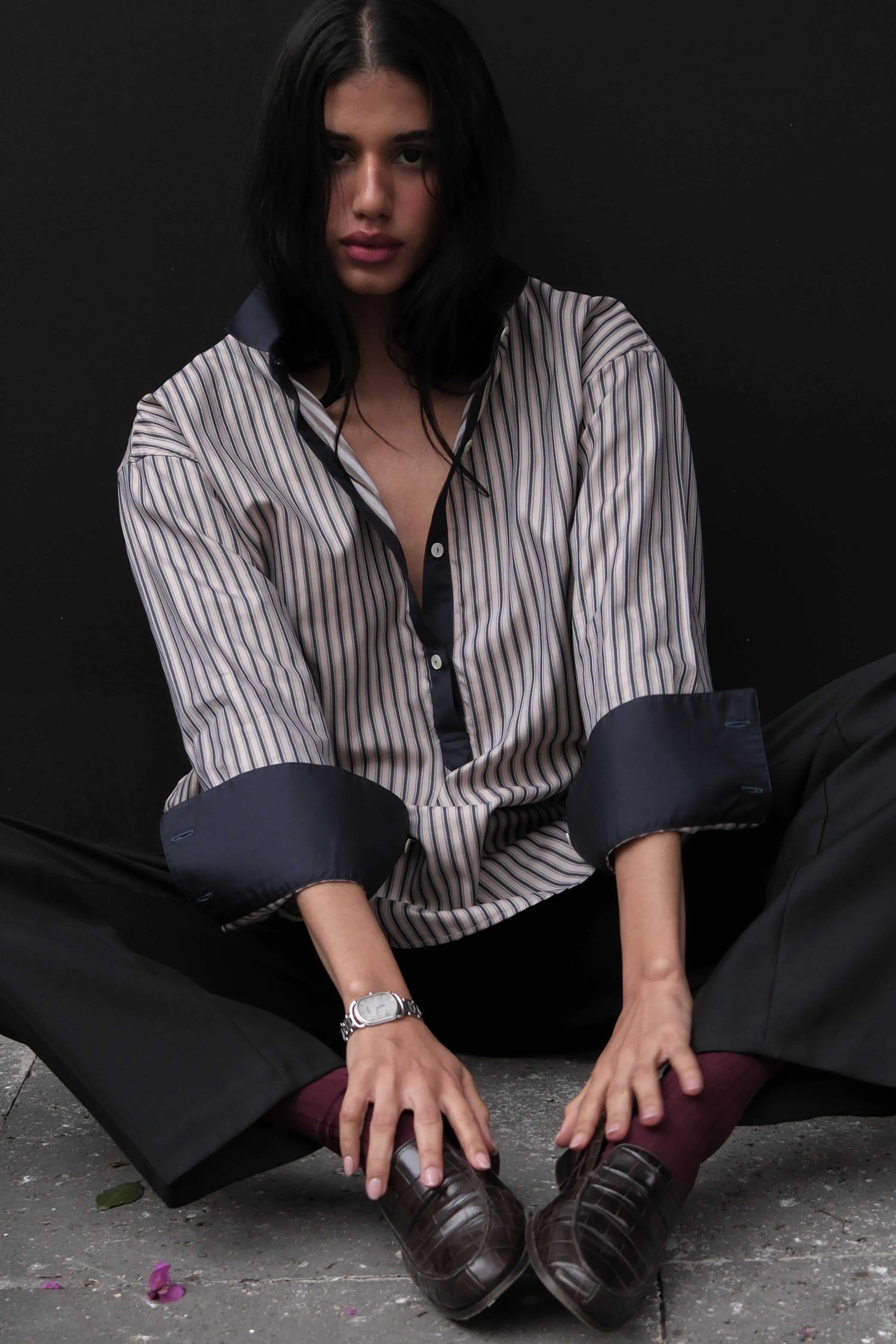 BETI RUGBY OVERSIZED SHIRT IN CHARCOAL & BEIGE STRIPES sold by Chava Studio product image thumbnail 2