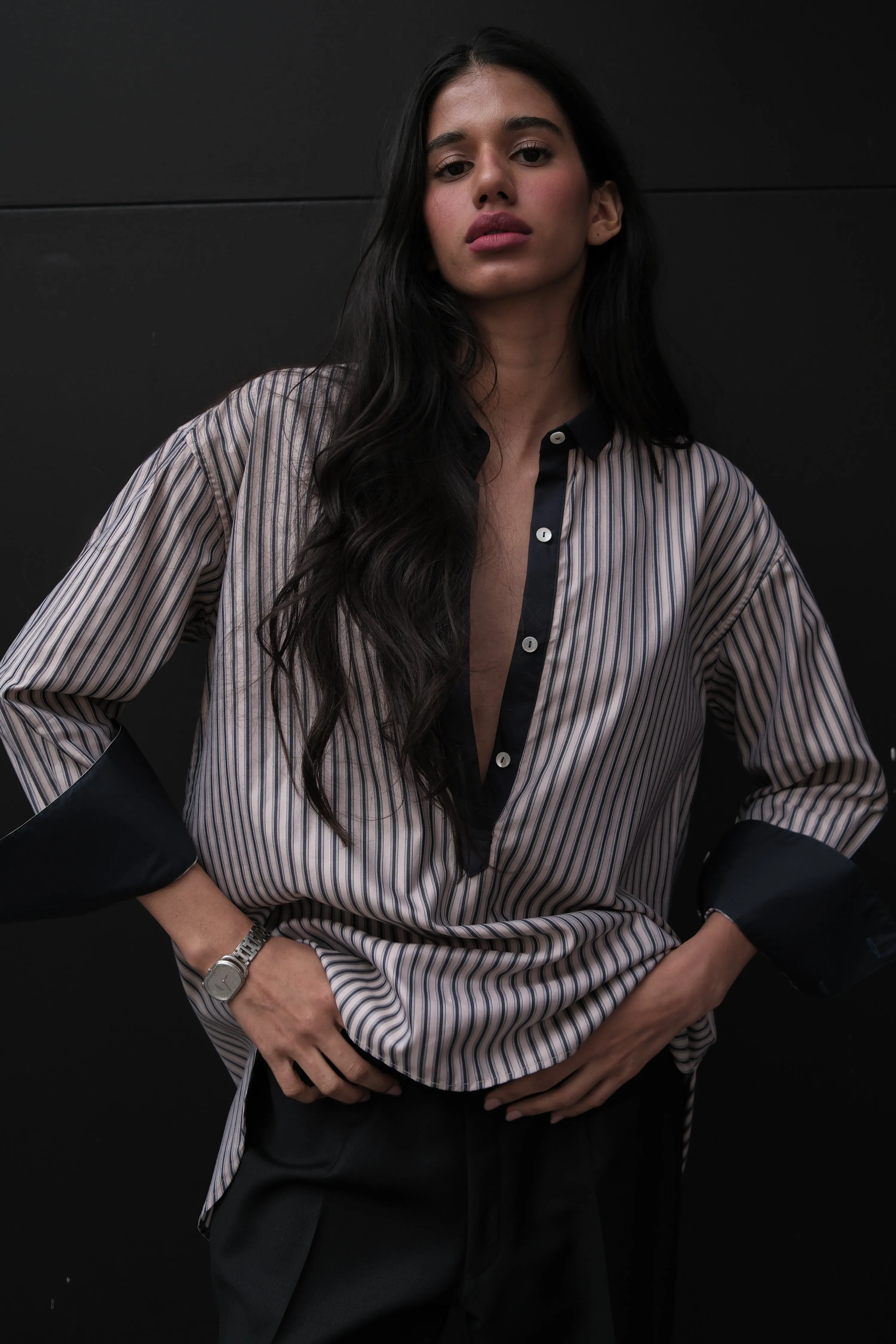BETI RUGBY OVERSIZED SHIRT IN CHARCOAL & BEIGE STRIPES sold by Chava Studio