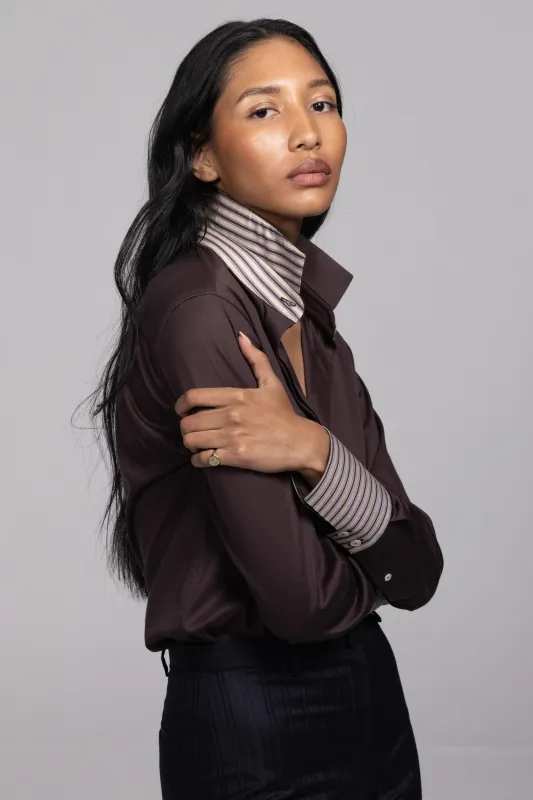 KARLA SLIM BUTTON-DOWN IN RICH BROWN JERSEY COTTON made by Chava Studio