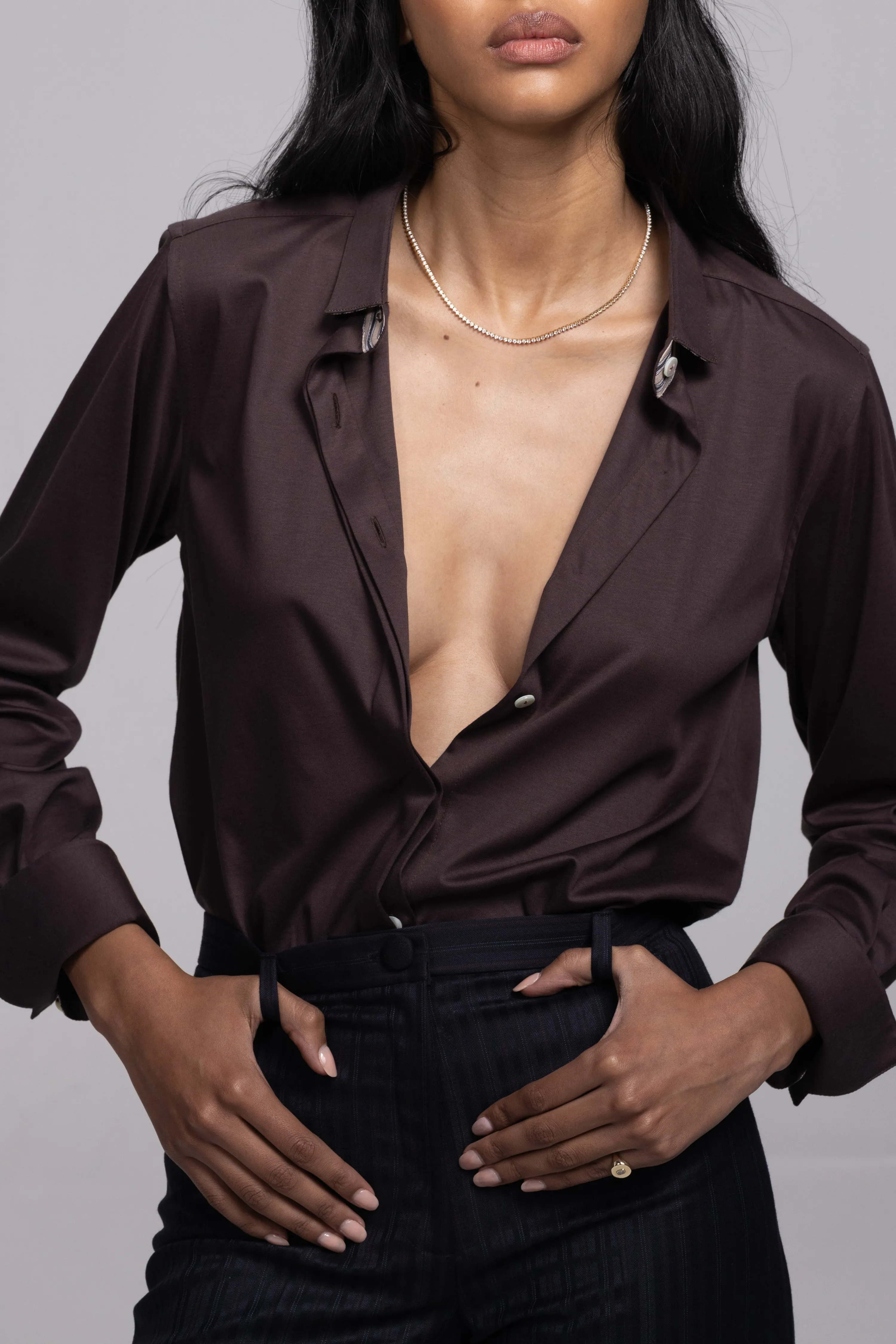 KARLA SLIM BUTTON-DOWN IN RICH BROWN JERSEY COTTON sold by Chava Studio product image thumbnail 5