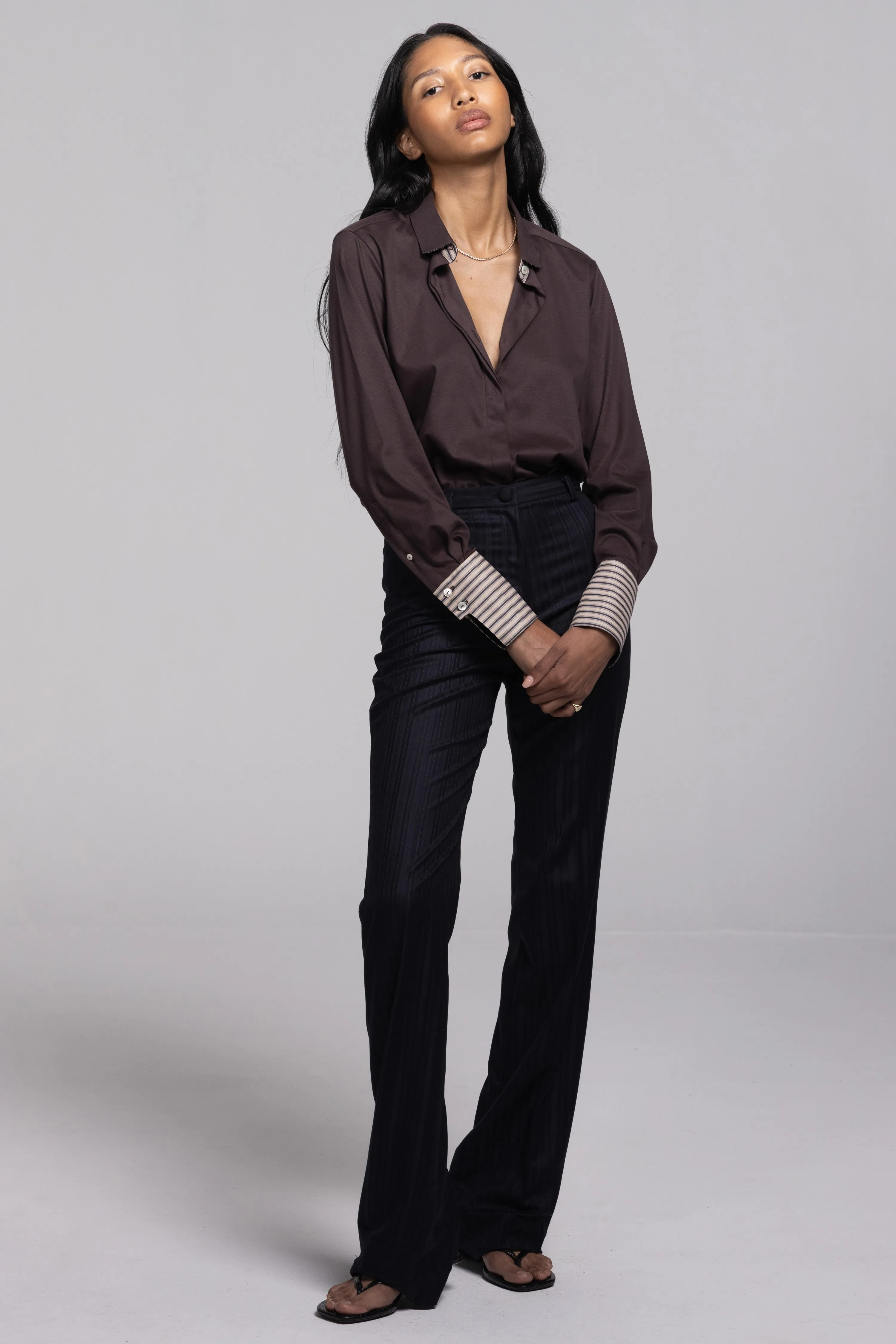 KARLA SLIM BUTTON-DOWN IN RICH BROWN JERSEY COTTON sold by Chava Studio product image thumbnail 3