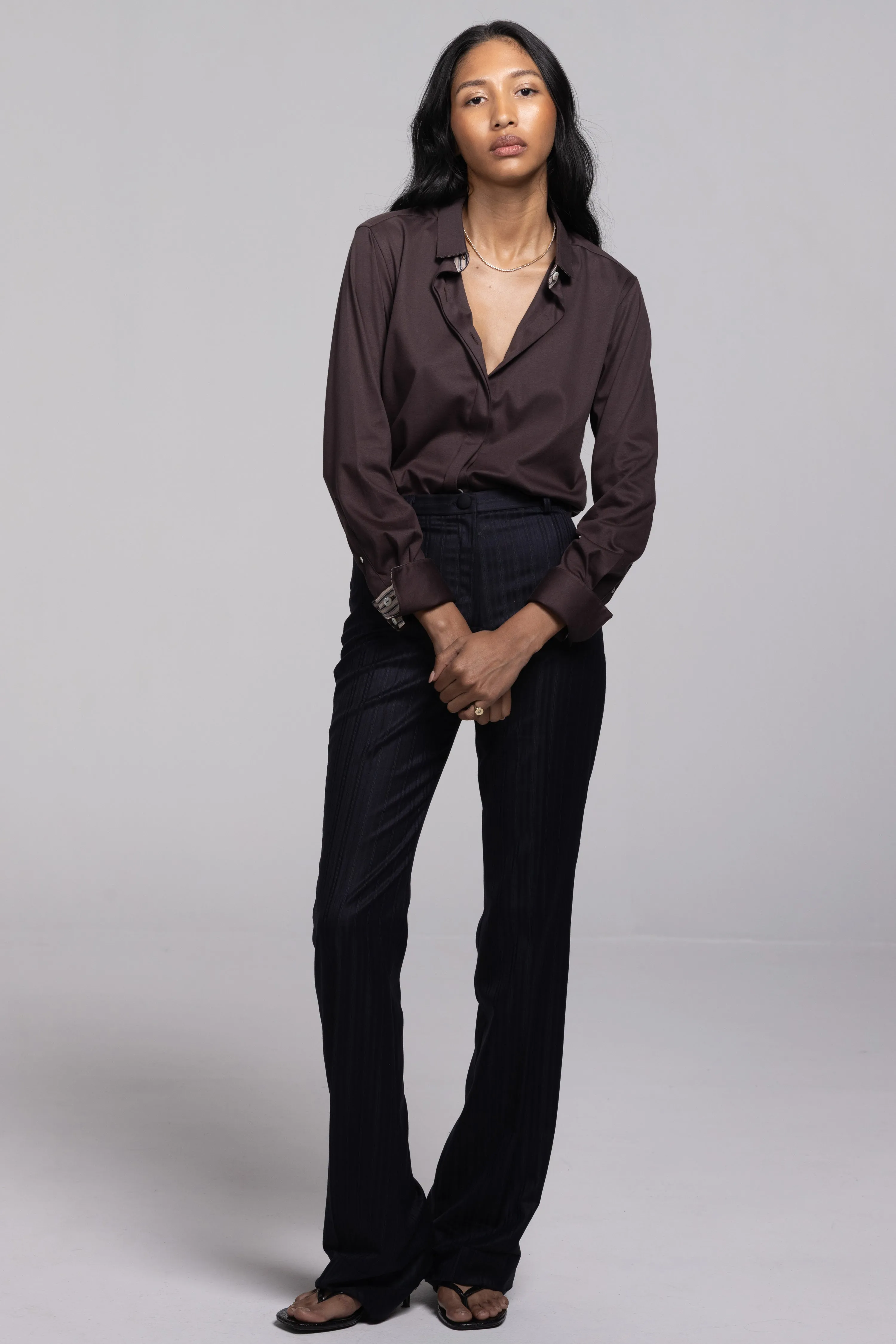 KARLA SLIM BUTTON-DOWN IN RICH BROWN JERSEY COTTON sold by Chava Studio product image thumbnail 2