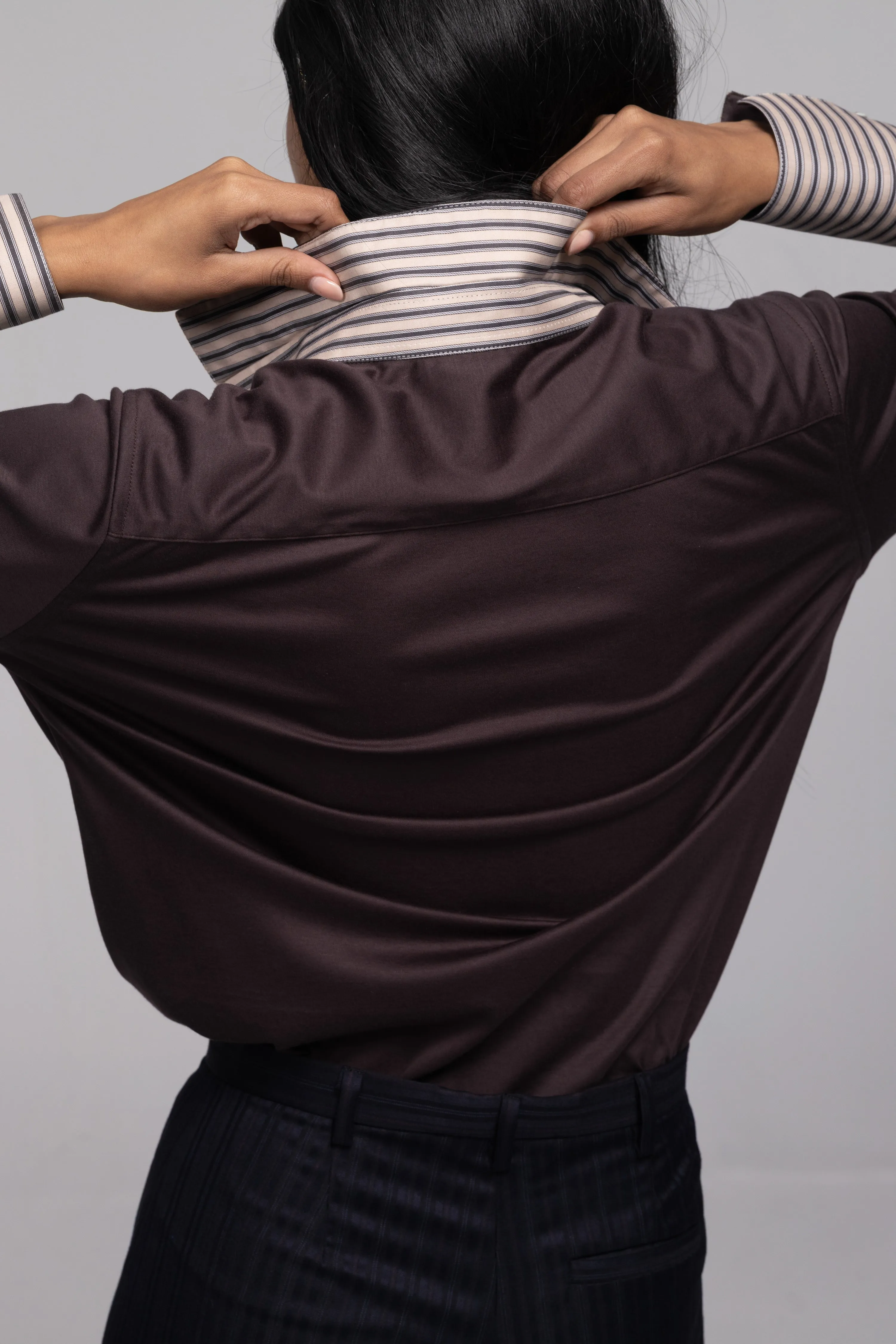 KARLA SLIM BUTTON-DOWN IN RICH BROWN JERSEY COTTON sold by Chava Studio product image thumbnail 4