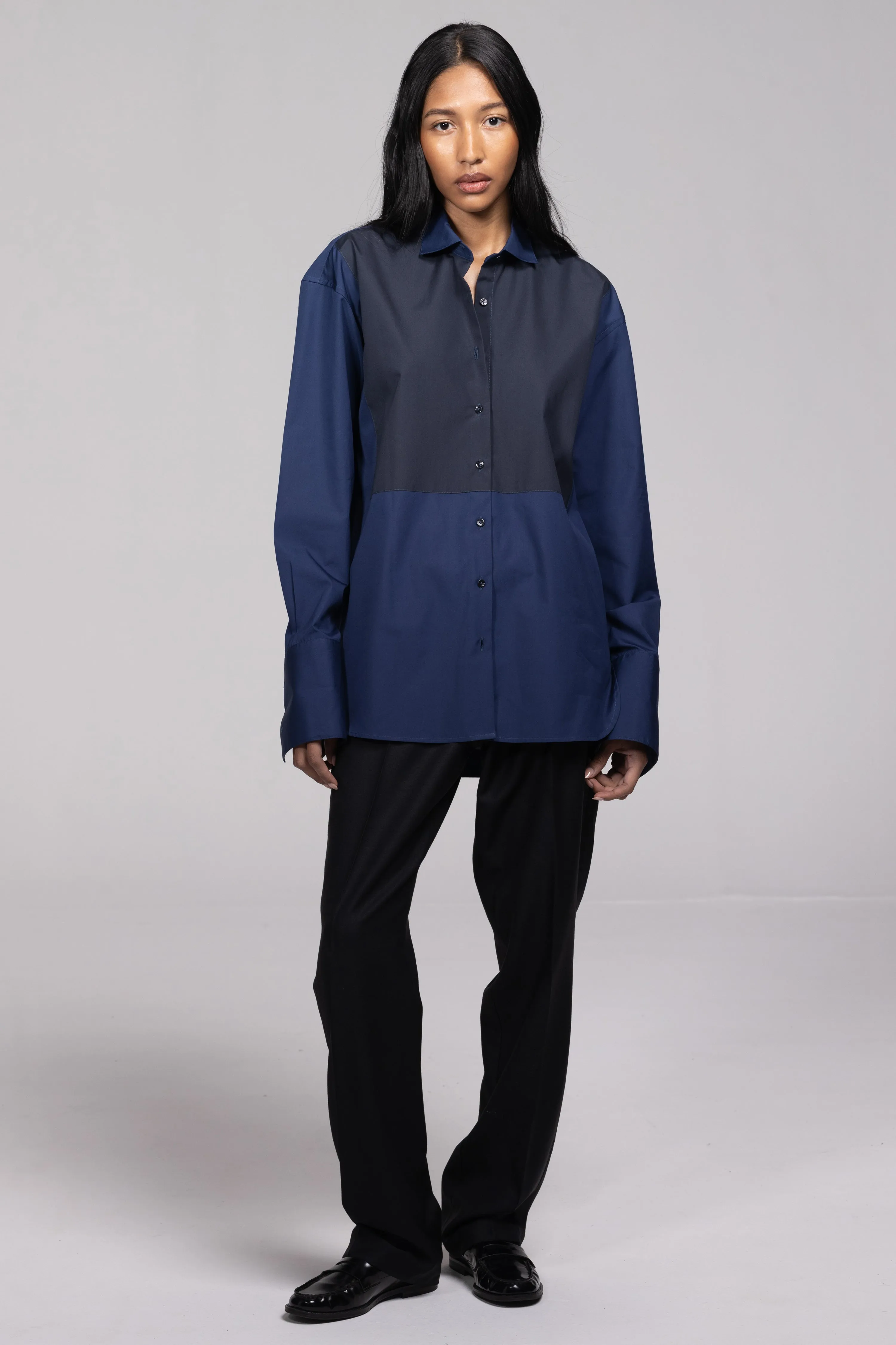 INES OVERSIZED TUXEDO SHIRT IN NAVY sold by Chava Studio product image thumbnail 3