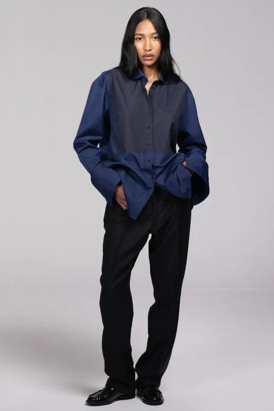 INES OVERSIZED TUXEDO SHIRT IN NAVY sold by Chava Studio