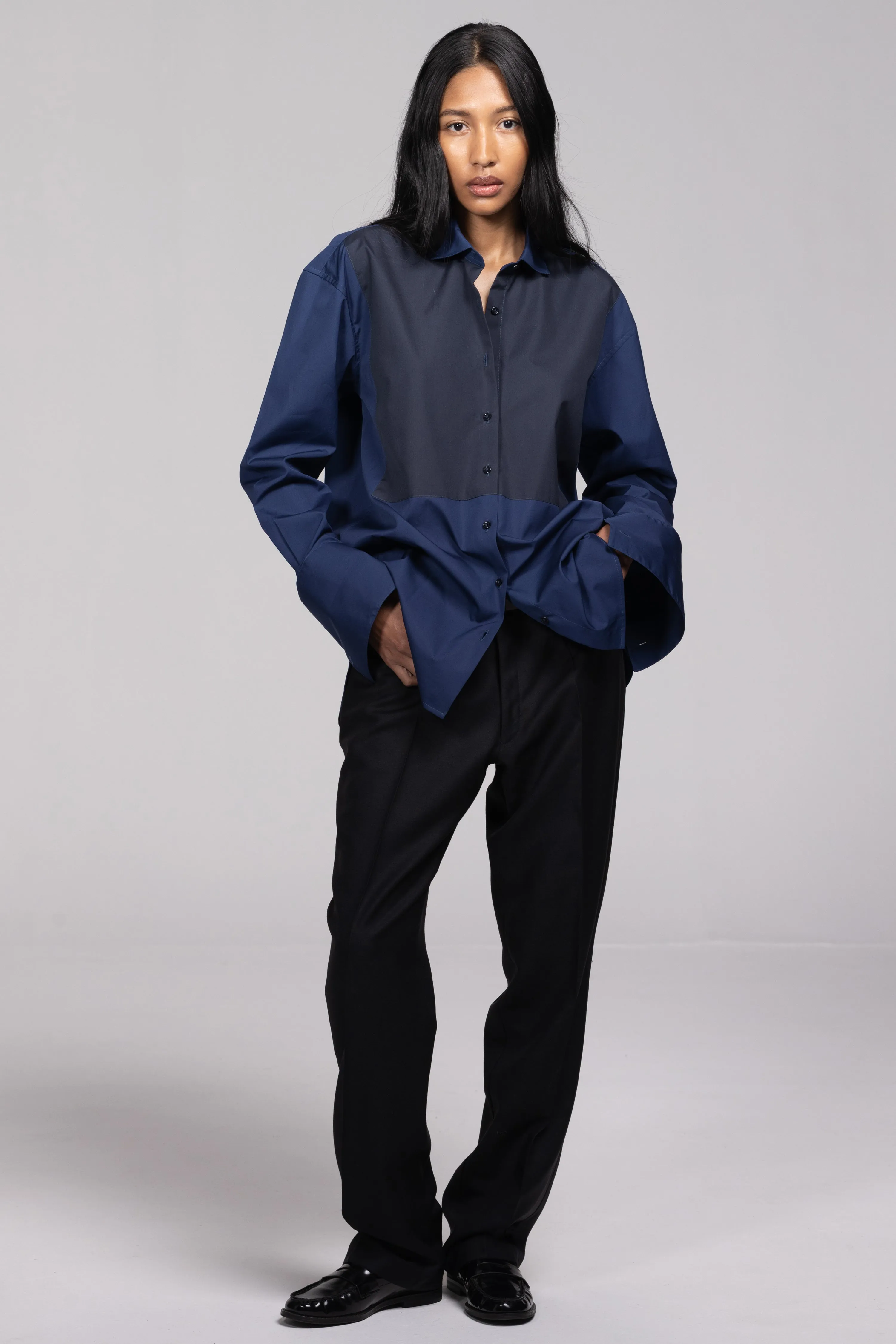 INES OVERSIZED TUXEDO SHIRT IN NAVY sold by Chava Studio