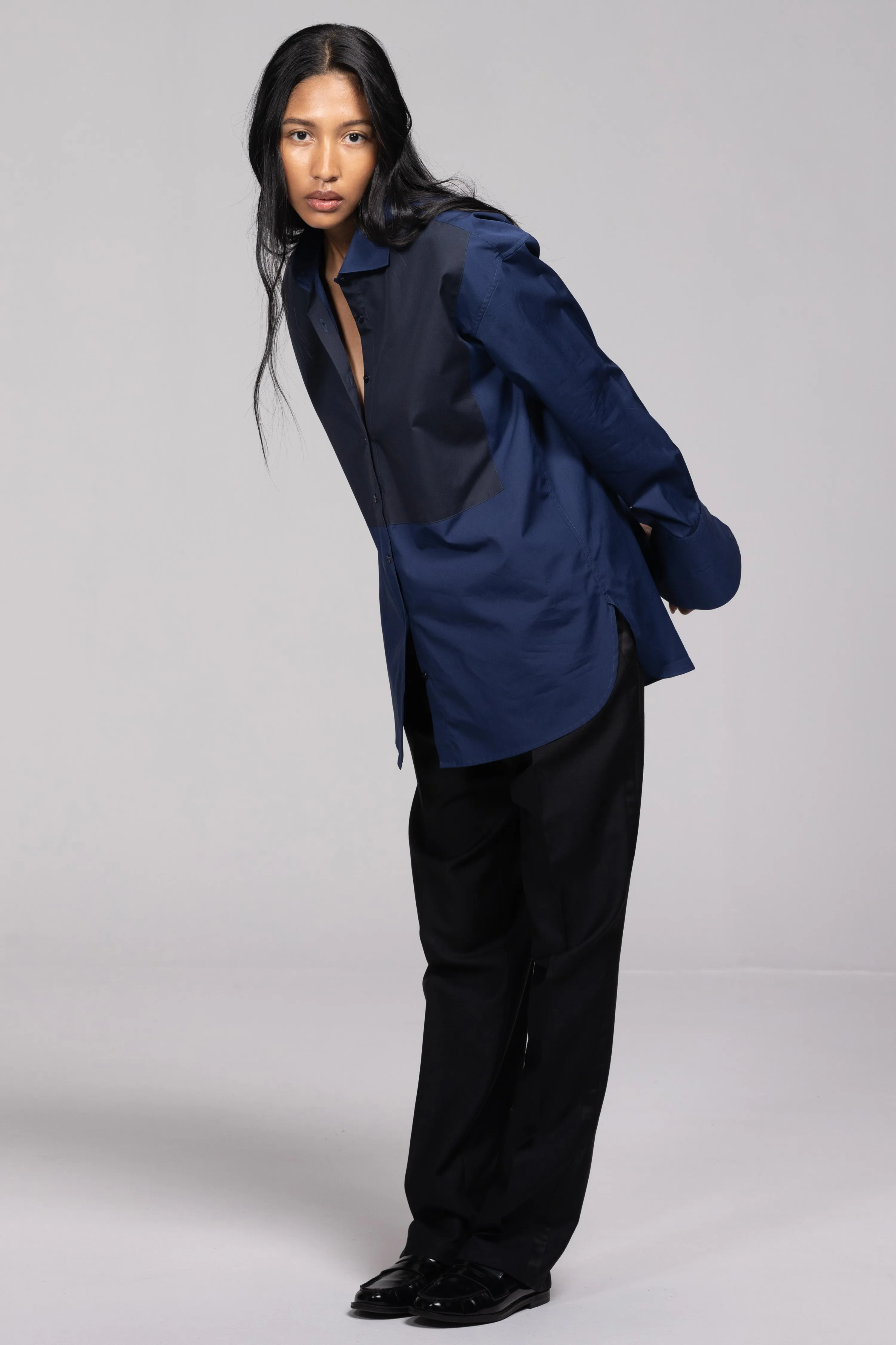 INES OVERSIZED TUXEDO SHIRT IN NAVY sold by Chava Studio product image thumbnail 4