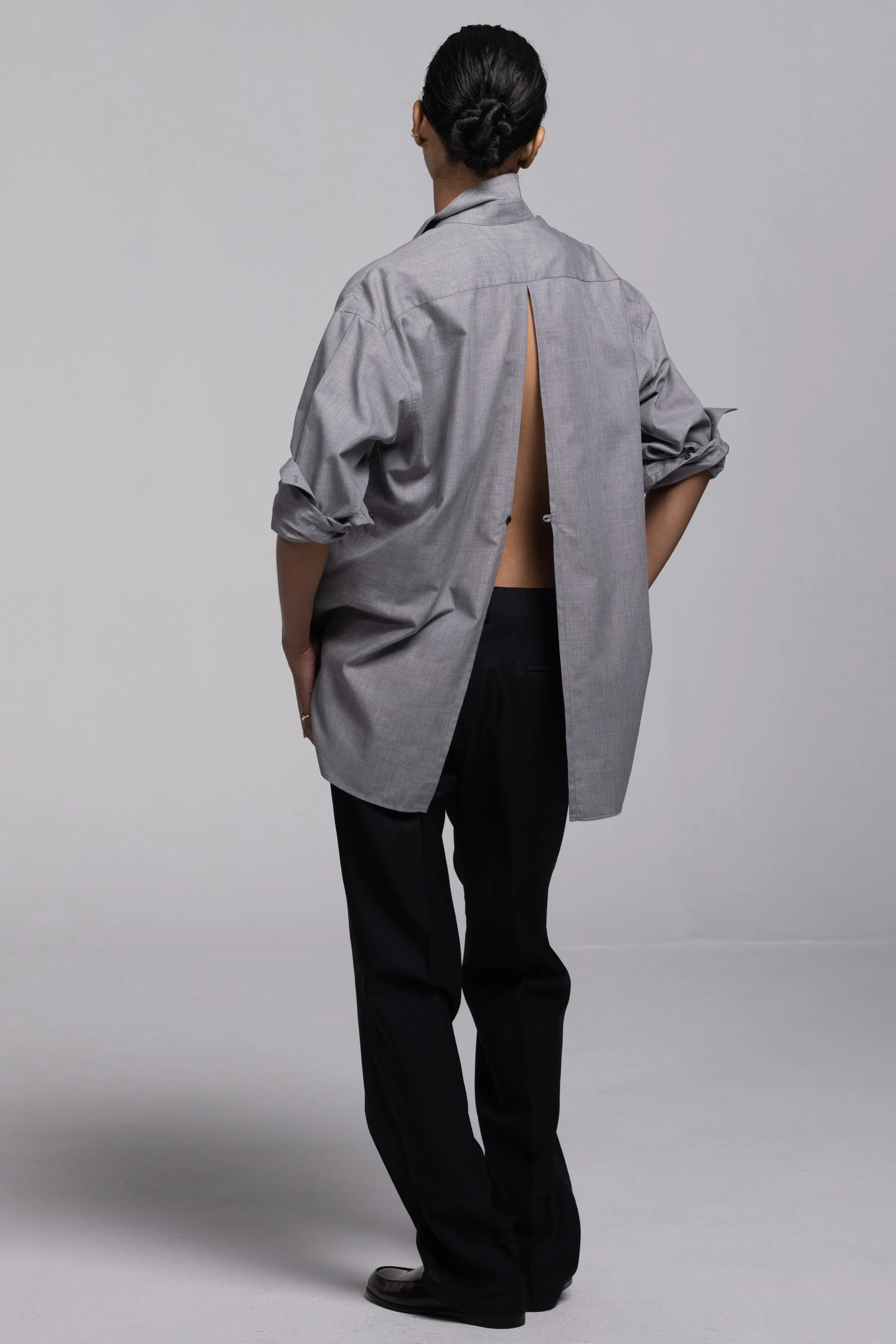 INES OVERSIZED SPLIT BACK SHIRT IN GRAY - ALUMO SWISS COTTON CASHMERE sold by Chava Studio