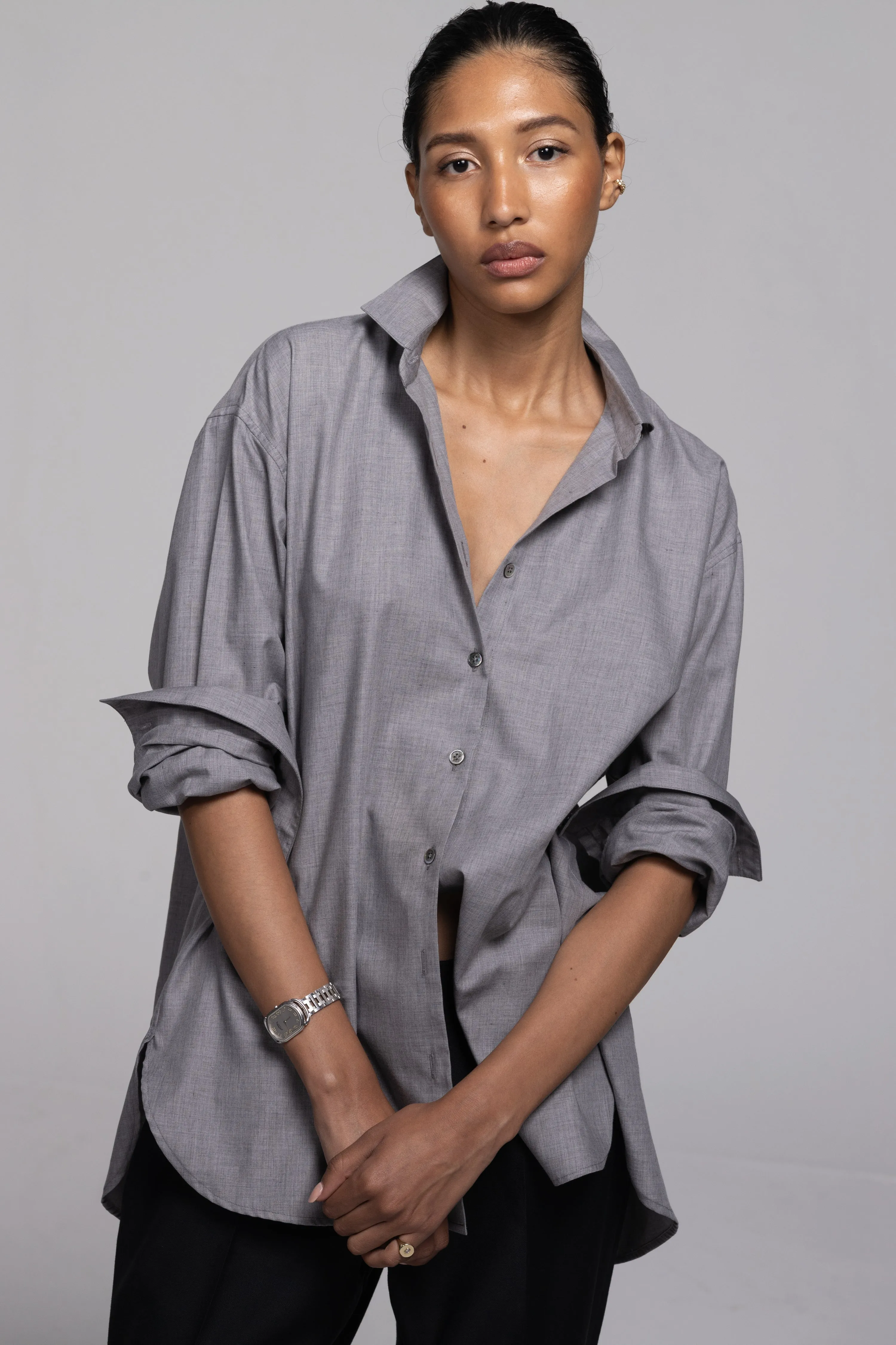 INES OVERSIZED SPLIT BACK SHIRT IN GRAY - ALUMO SWISS COTTON CASHMERE sold by Chava Studio product image thumbnail 2
