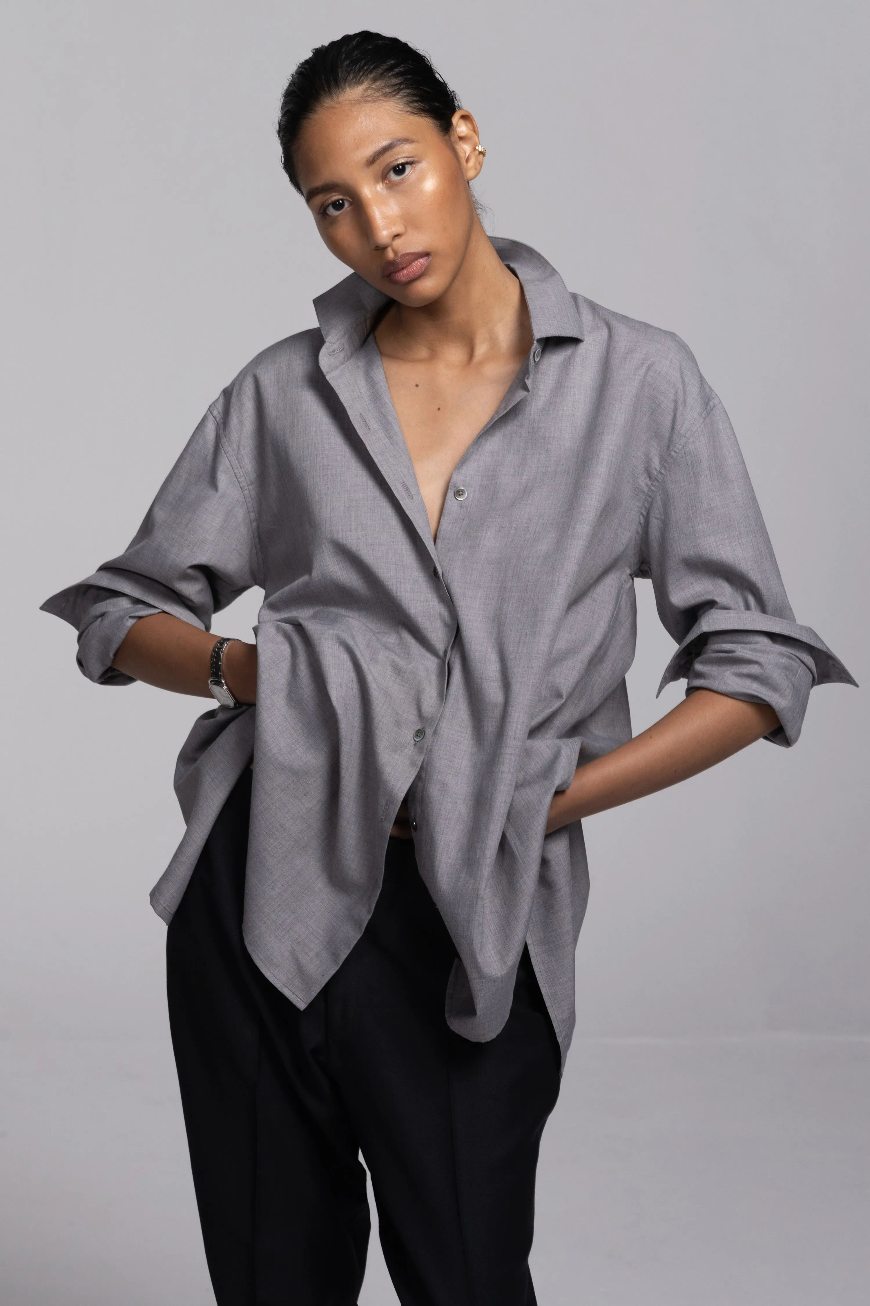 INES OVERSIZED SPLIT BACK SHIRT IN GRAY - ALUMO SWISS COTTON CASHMERE sold by Chava Studio product image thumbnail 5