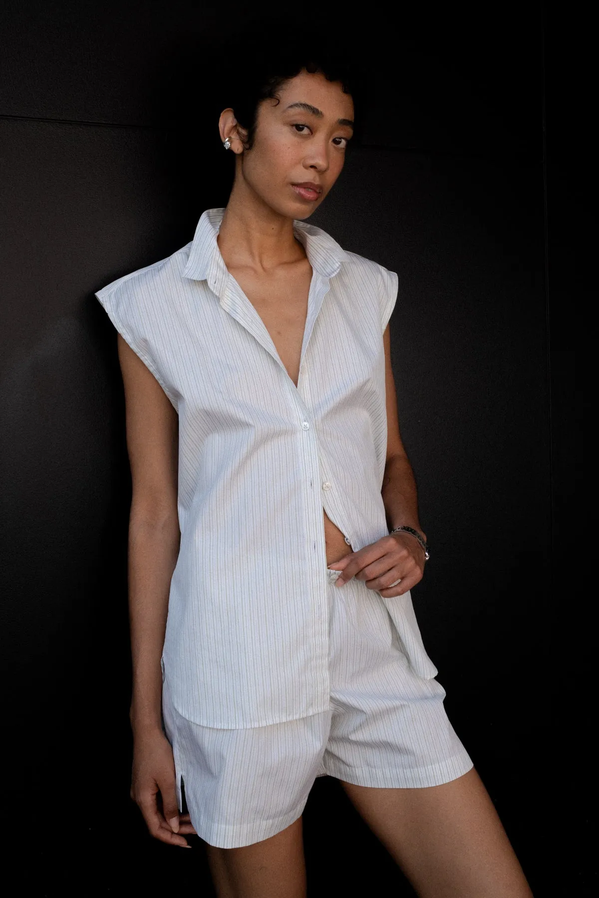 LEA RELAXED SLEEVELESS BUTTON-DOWN IN PISTACHIO STRIPE sold by Chava Studio product image thumbnail 3