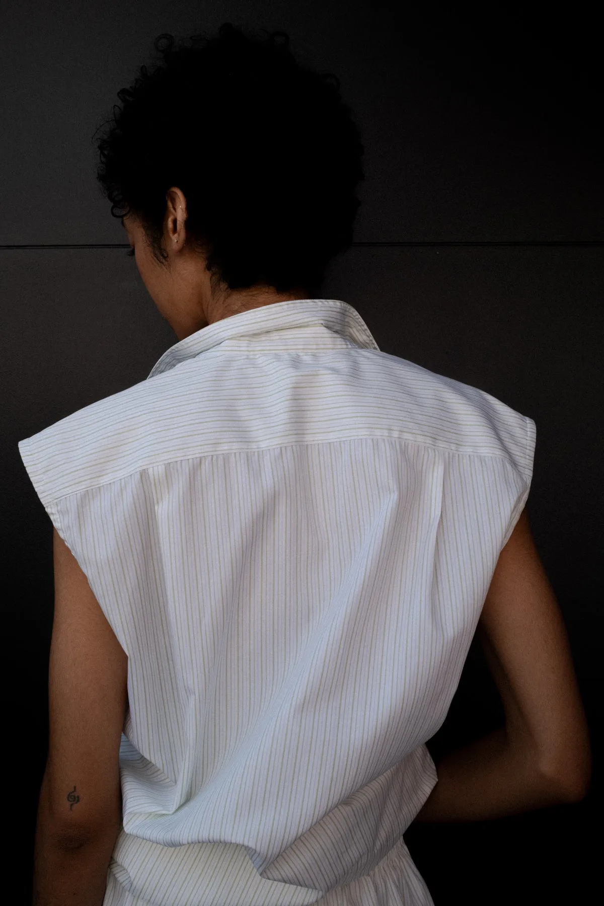 LEA RELAXED SLEEVELESS BUTTON-DOWN IN PISTACHIO STRIPE sold by Chava Studio product image thumbnail 5