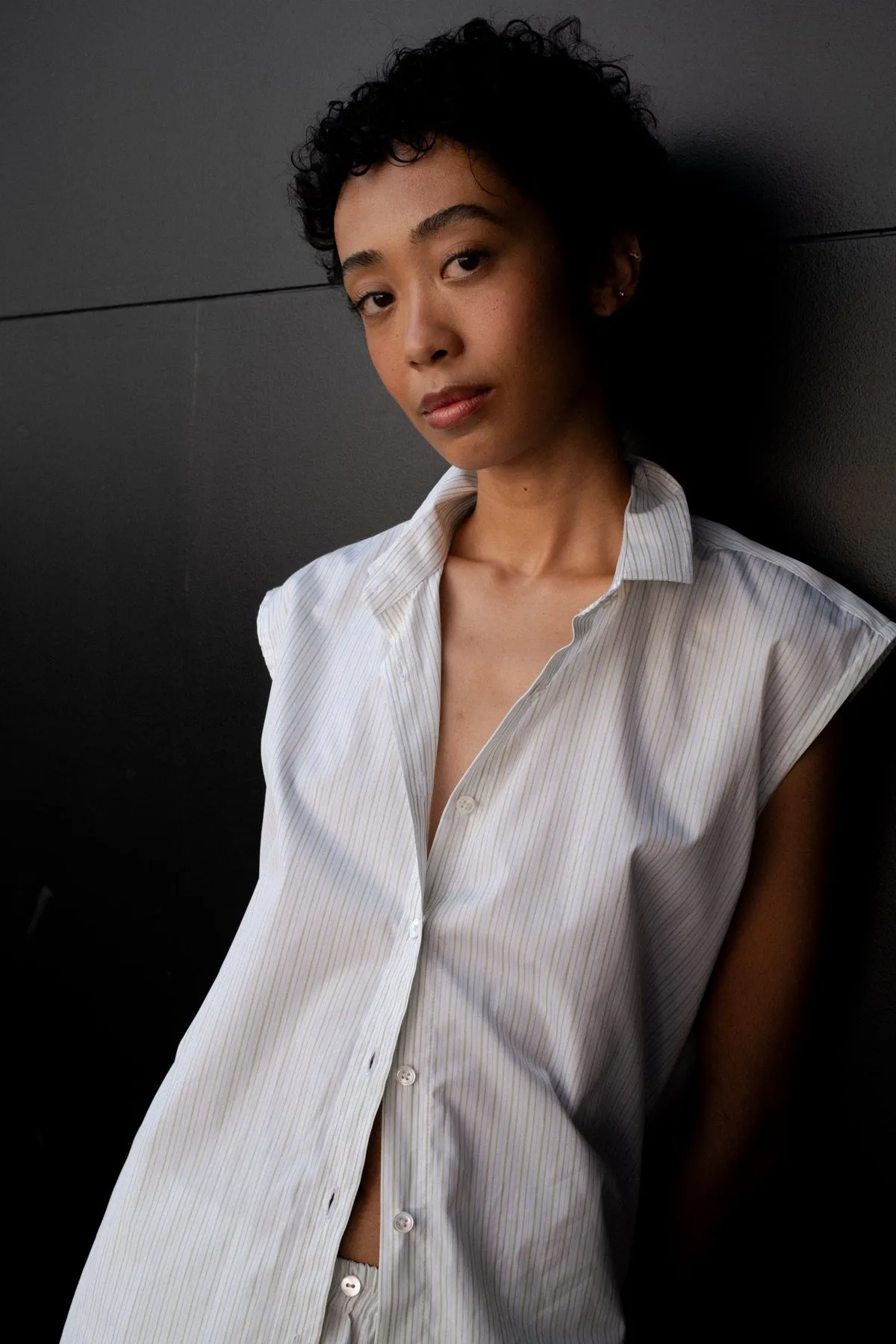 LEA RELAXED SLEEVELESS BUTTON-DOWN IN PISTACHIO STRIPE sold by Chava Studio