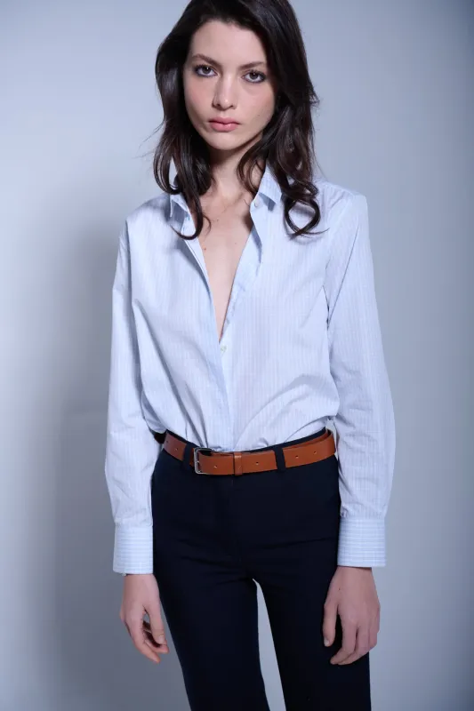 KARLA SLIM BUTTON-DOWN IN LIGHT BLUE CHECK sold by Chava Studio