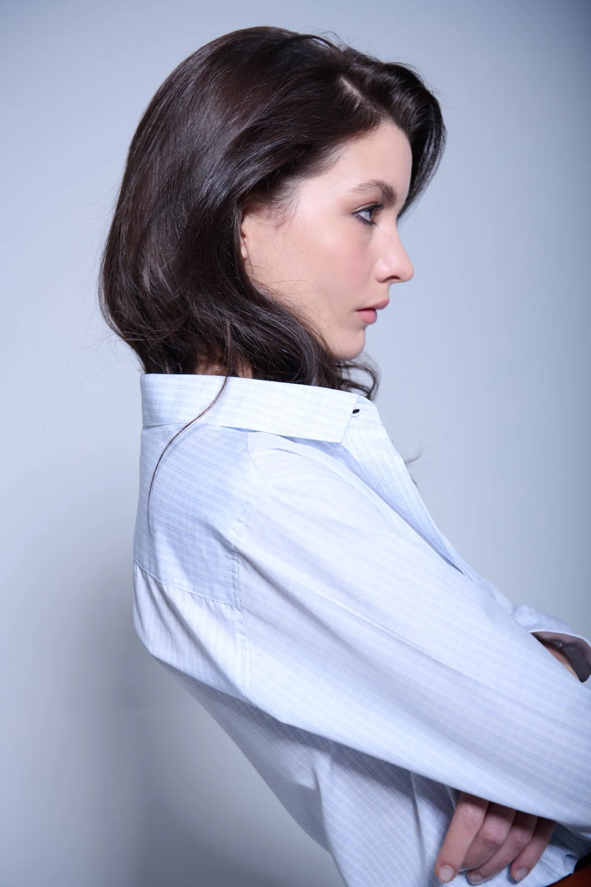 KARLA SLIM BUTTON-DOWN IN LIGHT BLUE CHECK sold by Chava Studio product image thumbnail 4