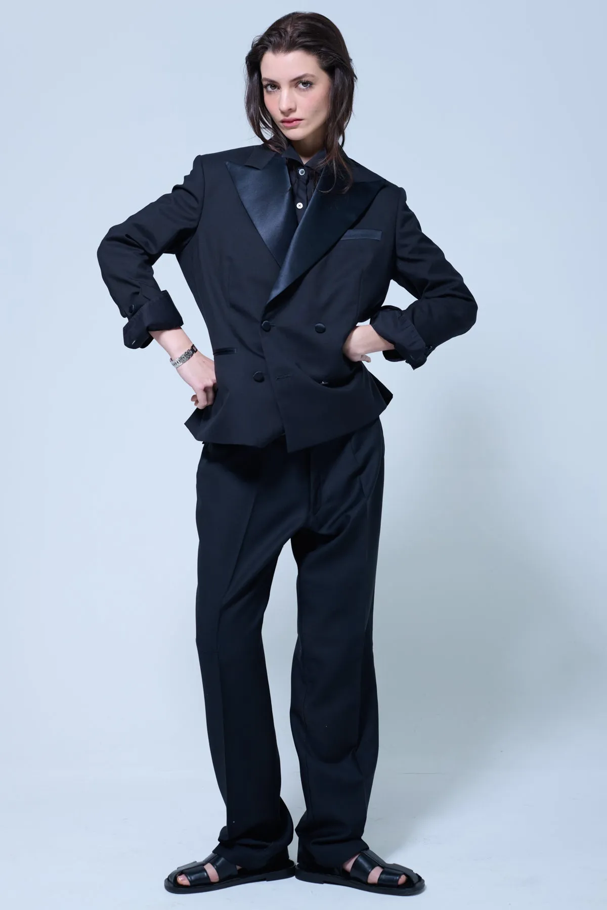 CROPPED DOUBLE BREASTED TUXEDO JACKET - SUPER 120s WOOL (ARCHIVAL FABRIC) sold by Chava Studio product image thumbnail 2